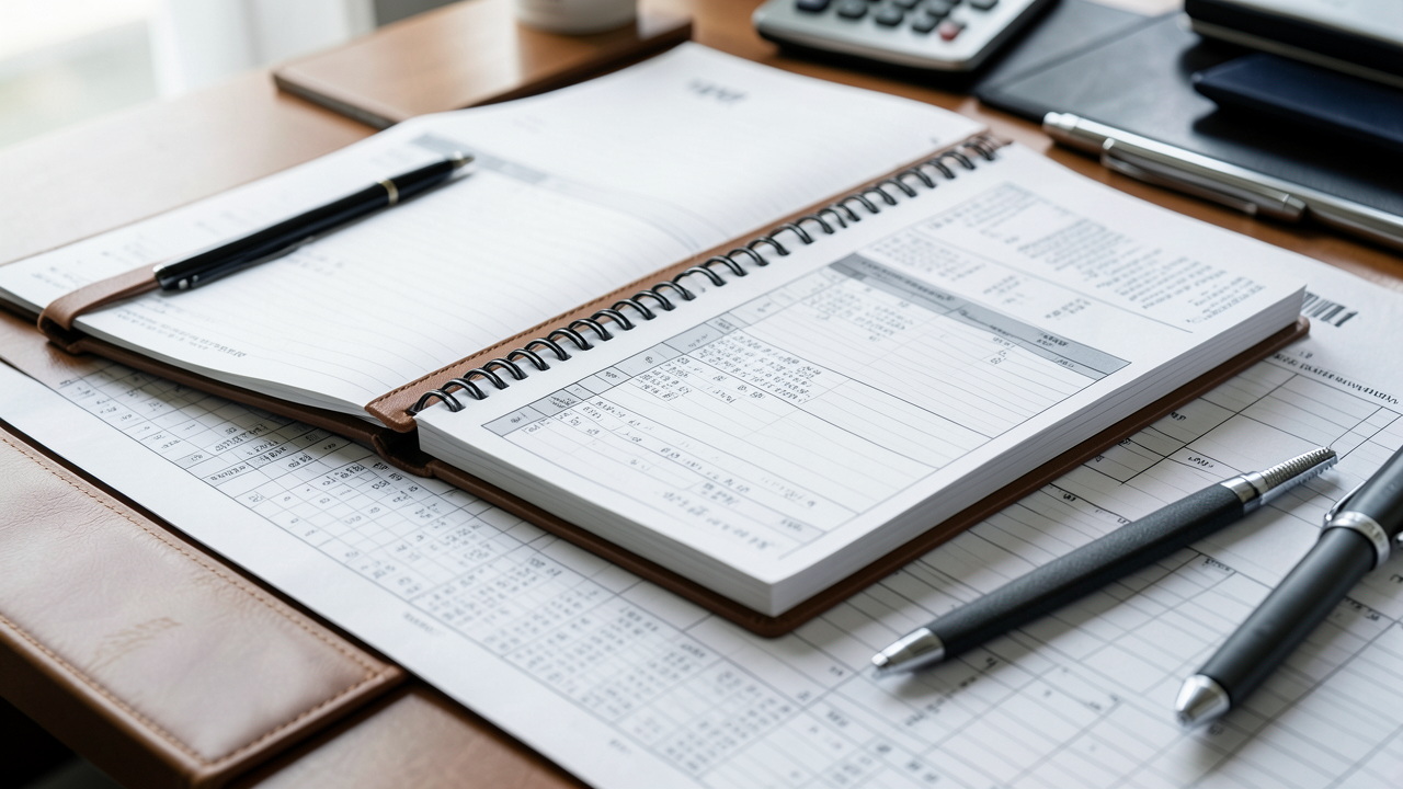 A close-up of organized ledger books and office stationery on a modern desk with paperwork, shot with sharp focus and natural lighting.